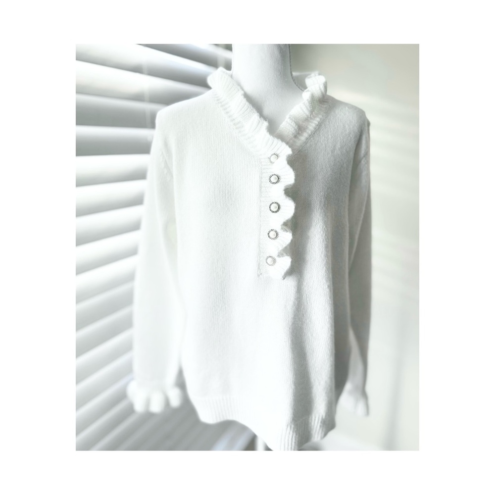 White Ruffle V-Neck Button Sweater